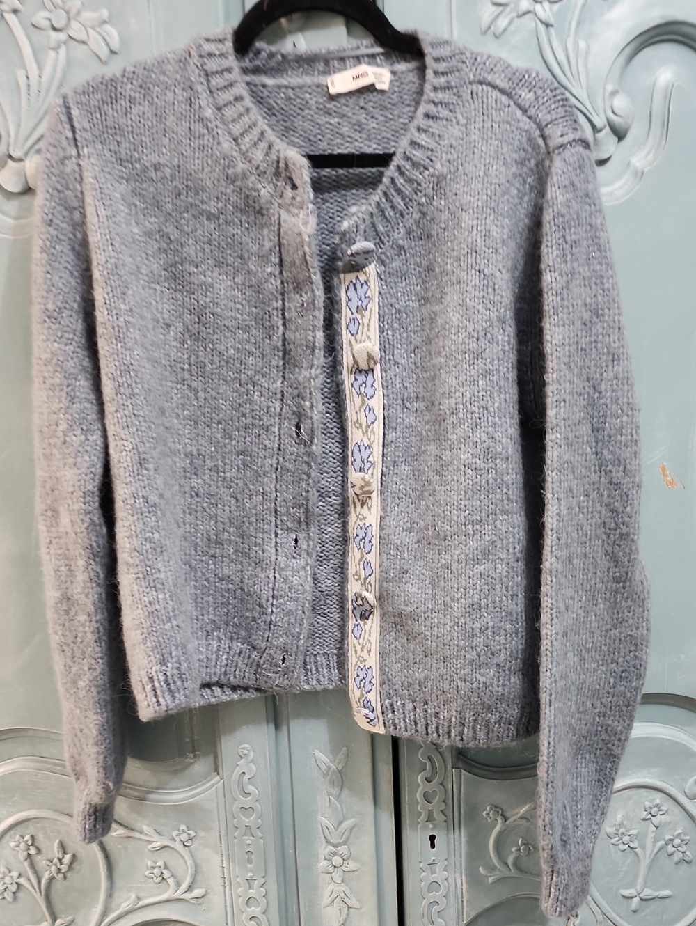 Mango Knit Cardigan with Embroidered Trim Blue